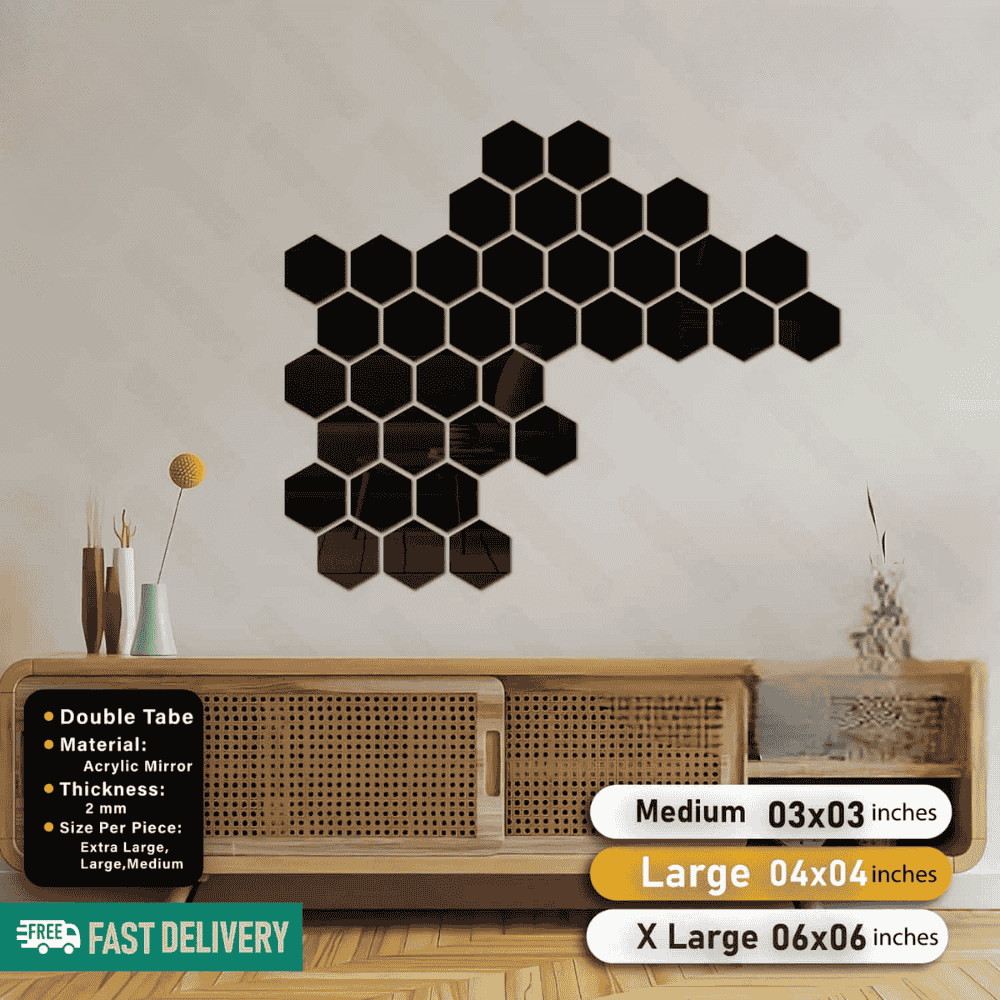 Golden, Silver and Black Acrylic Hexagon For Wall Decor