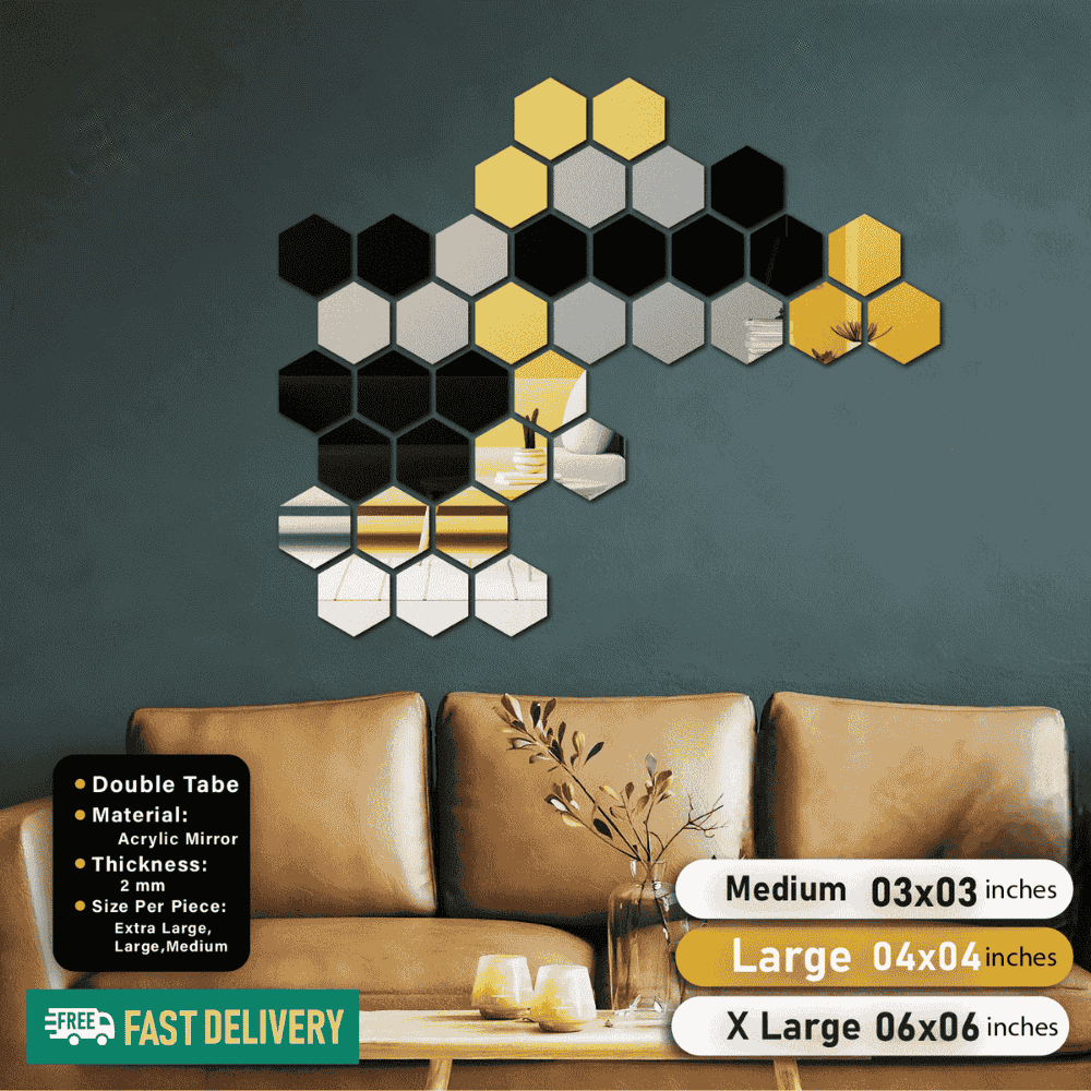 Golden, Silver and Black Acrylic Hexagon For Wall Decor