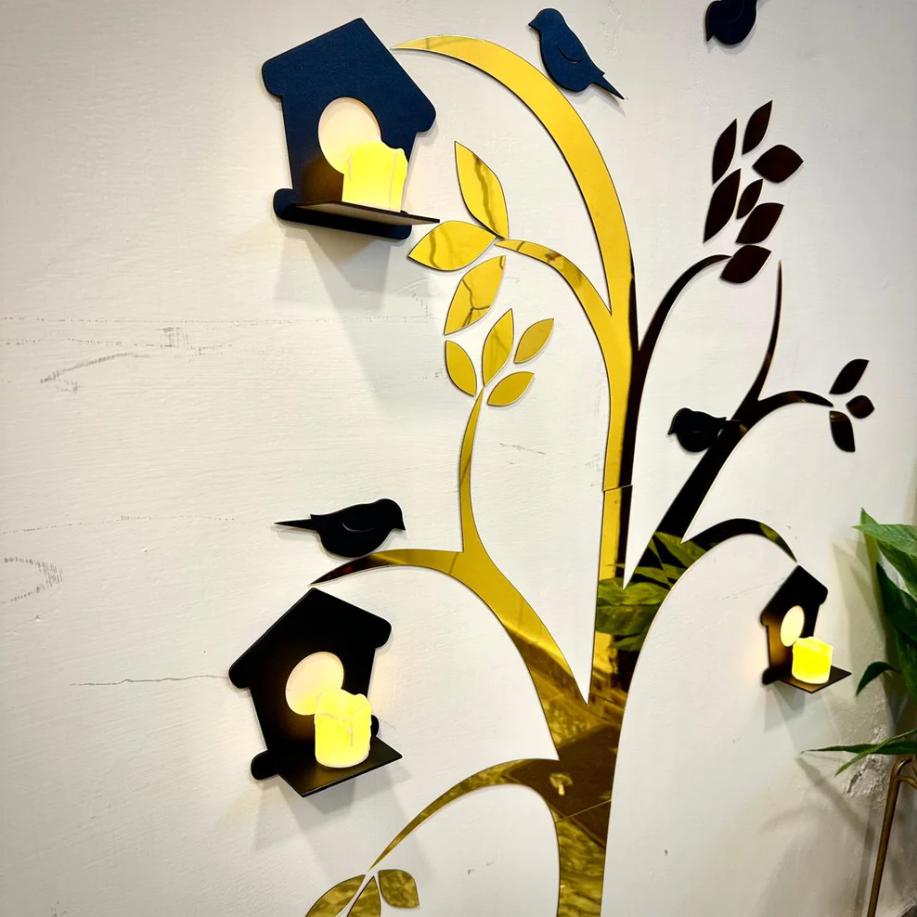 Golden Acrylic Birds on Tree Decor For Wall Decor